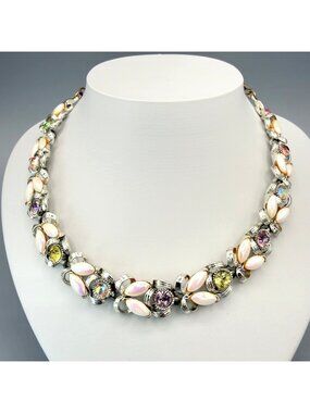 Vintage BSK Pink White Opalescent AB Rhinestone Choker Statement Necklace